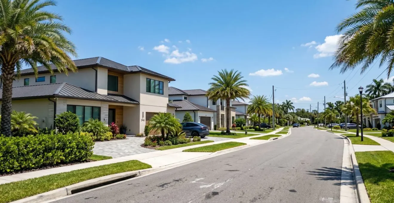Vue en plongée d'un quartier résidentiel moderne en Floride avec palmiers, maisons style subtropical et rues propres sous ciel bleu