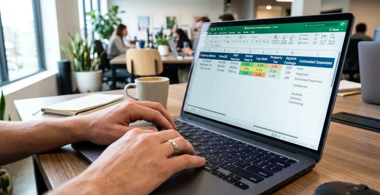 Gros plan de mains tapant sur un clavier d'ordinateur portable avec écran montrant une interface de recherche immobilière complètement floutée, surface de bureau contemporaine propre