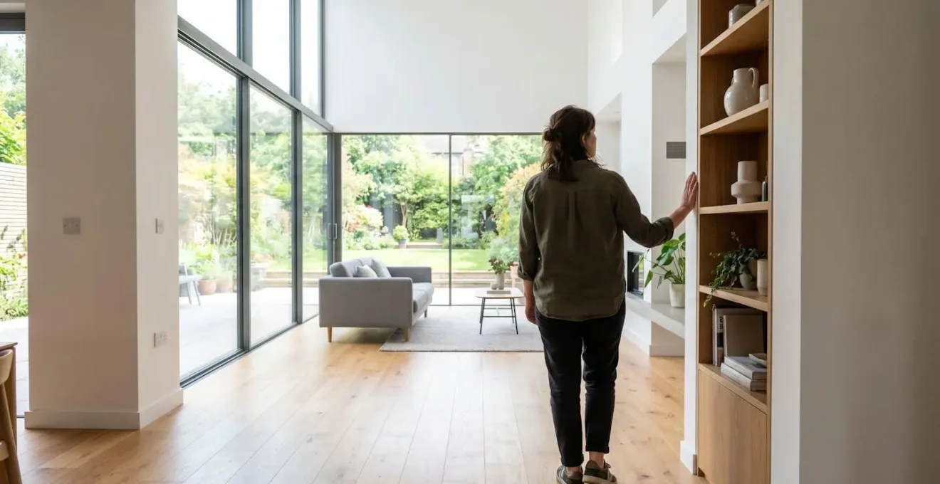 Personne vue de dos inspectant une pièce lumineuse d'un bien immobilier moderne, posture naturelle d'inspection, fenêtres laissant entrer la lumière du jour