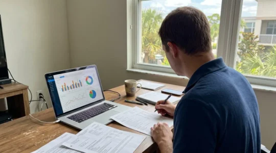 Investisseur consultant des relevés de charges HOA et calculs de rentabilité locative sur ordinateur portable dans un bureau contemporain