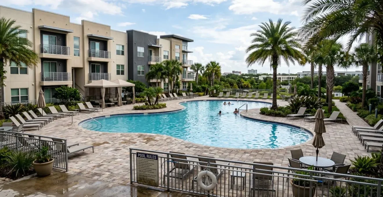 Piscine d'une résidence de condominiums modernes à Orlando entourée de palmiers et d'équipements communs