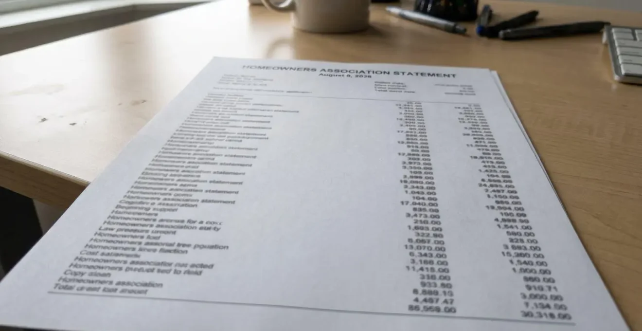 Relevé mensuel de charges HOA d'un condominium affichant les différentes lignes de frais de maintenance et réserves