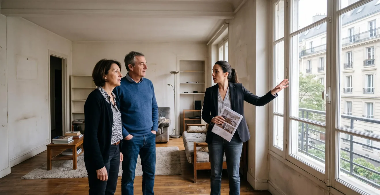 Une agente immobilière fait visiter un appartement à un couple d'acheteurs dans un immeuble résidentiel français.