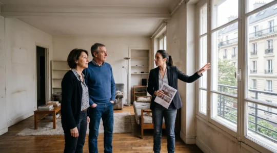 Une agente immobilière fait visiter un appartement à un couple d'acheteurs dans un immeuble résidentiel français.