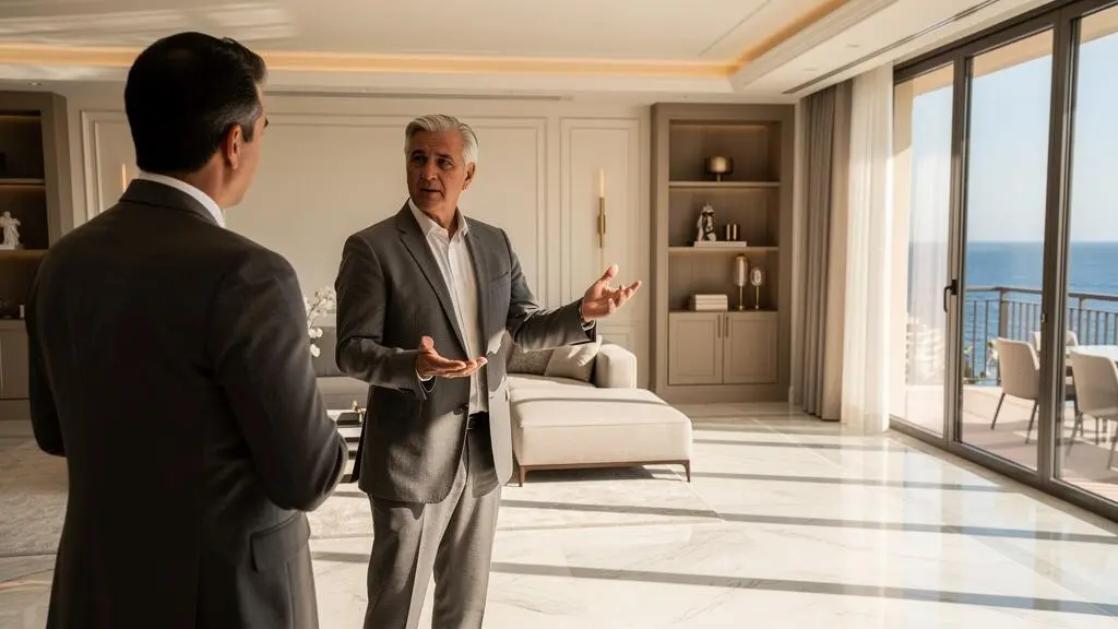 Expert immobilier présentant un appartement de prestige à Monaco à un client lors d'une visite privée off-market