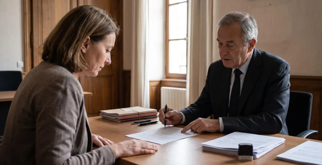 Un notaire désigne une ligne d'un document à une vendeuse assise à son bureau avant la signature.