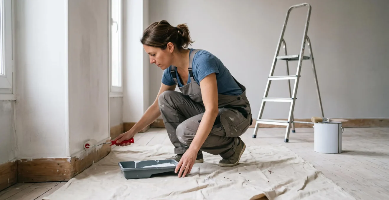 Une personne peint une plinthe et un mur en blanc avec un rouleau dans un appartement vide avant sa mise en vente.